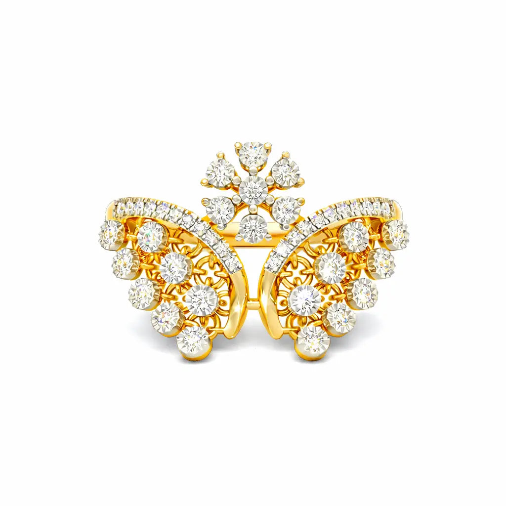 Gold butterfly-shaped jewelry piece with diamond accents on a white background